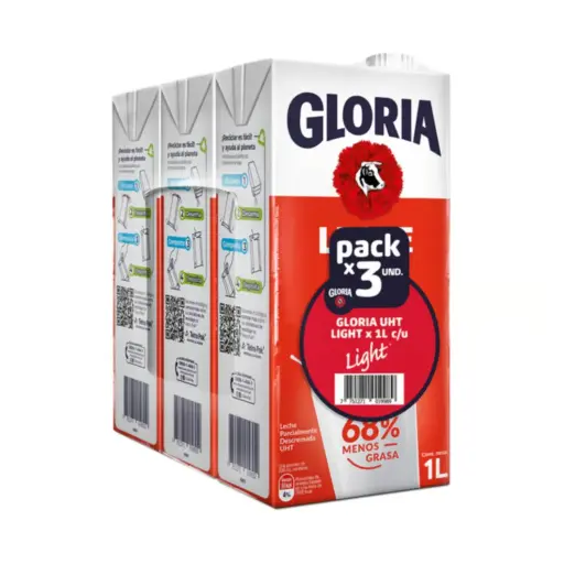 Leche Gloria Semidescremada UHT Light Pack 3 Unidades 1 LT